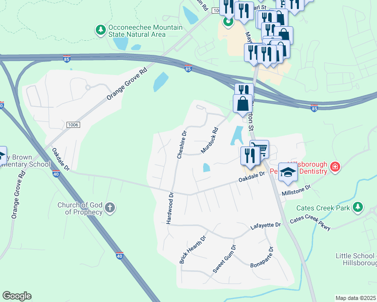 map of restaurants, bars, coffee shops, grocery stores, and more near 128 Murdock Road in Hillsborough
