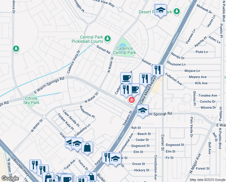 map of restaurants, bars, coffee shops, grocery stores, and more near 344 Gracious Way in Henderson