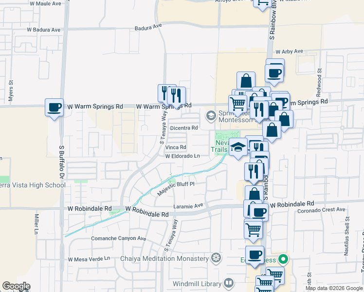 map of restaurants, bars, coffee shops, grocery stores, and more near 7293 Vinca Road in Las Vegas
