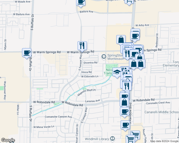 map of restaurants, bars, coffee shops, grocery stores, and more near 7268 Vinca Road in Las Vegas