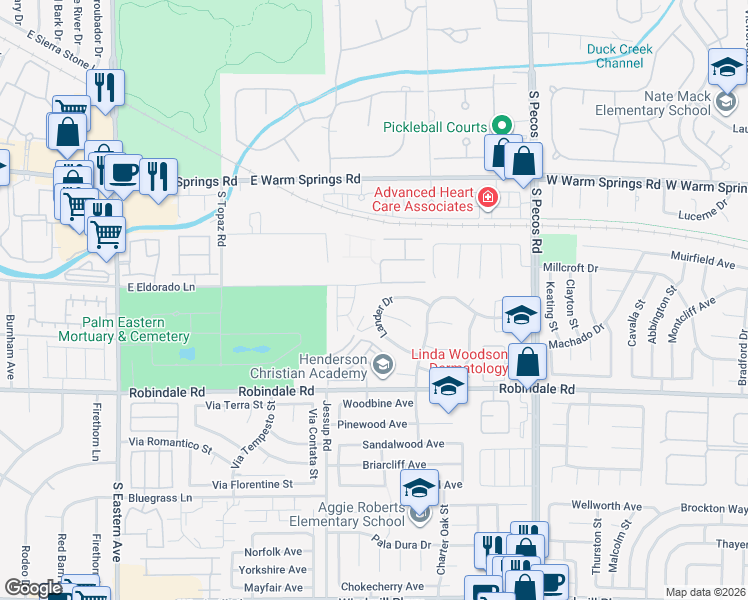 map of restaurants, bars, coffee shops, grocery stores, and more near 353 Lander Terrace in Henderson