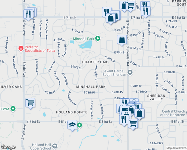 map of restaurants, bars, coffee shops, grocery stores, and more near 5828 East 77th Street in Tulsa