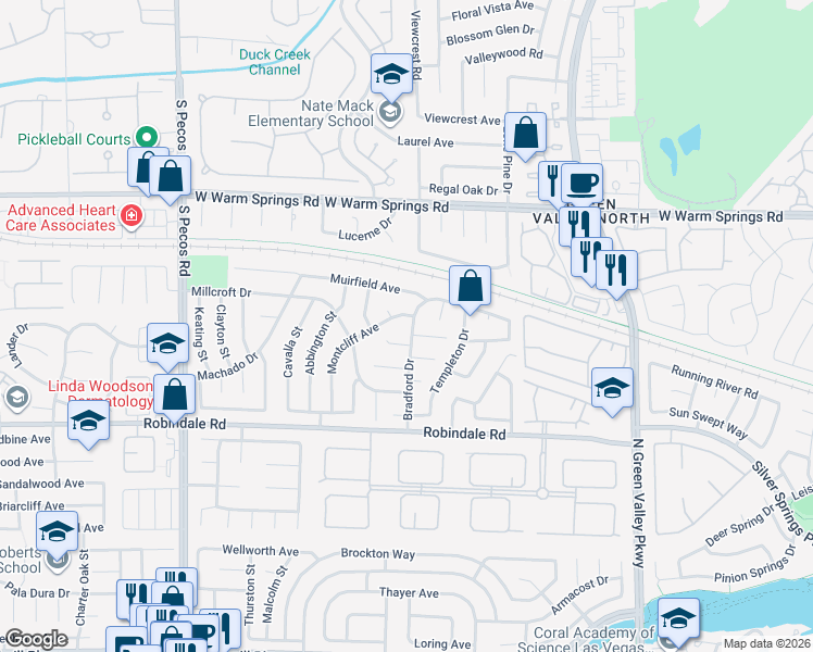 map of restaurants, bars, coffee shops, grocery stores, and more near 363 Bradford Drive in Henderson