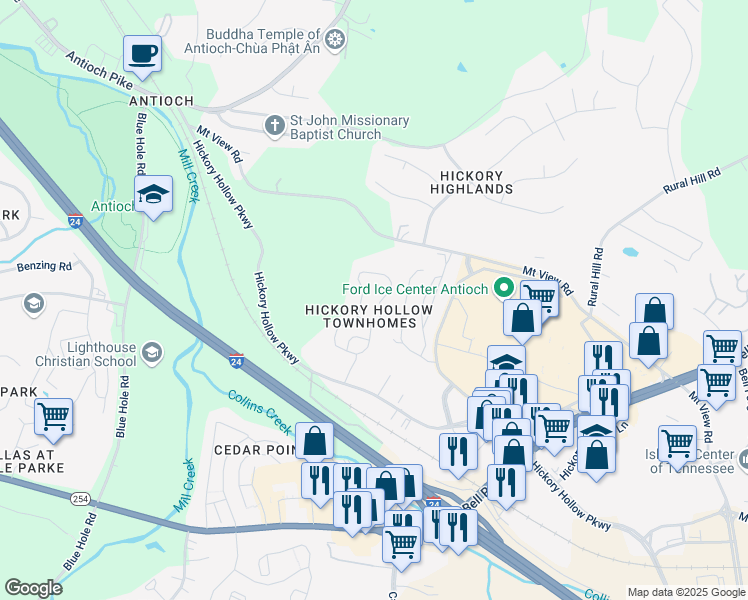map of restaurants, bars, coffee shops, grocery stores, and more near 5170 Hickory Hollow Parkway in Nashville