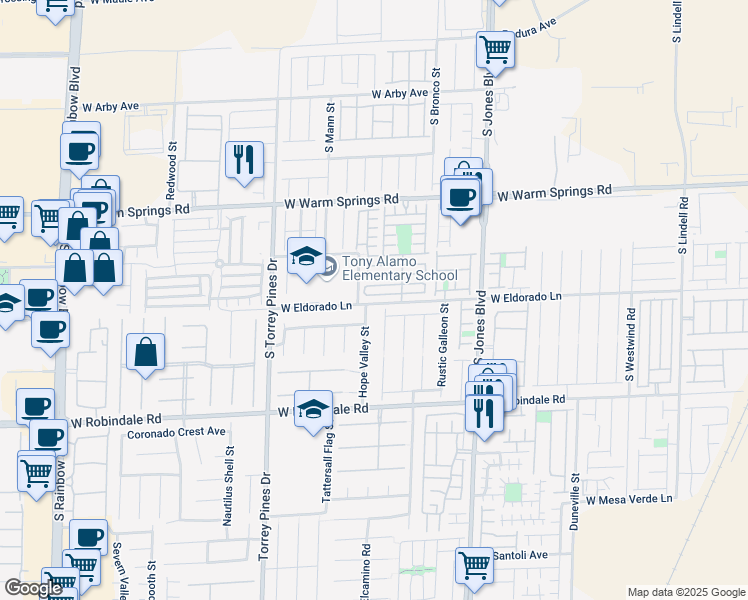 map of restaurants, bars, coffee shops, grocery stores, and more near 6311 West Eldorado Lane in Las Vegas