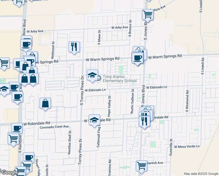 map of restaurants, bars, coffee shops, grocery stores, and more near 6311 West Eldorado Lane in Las Vegas