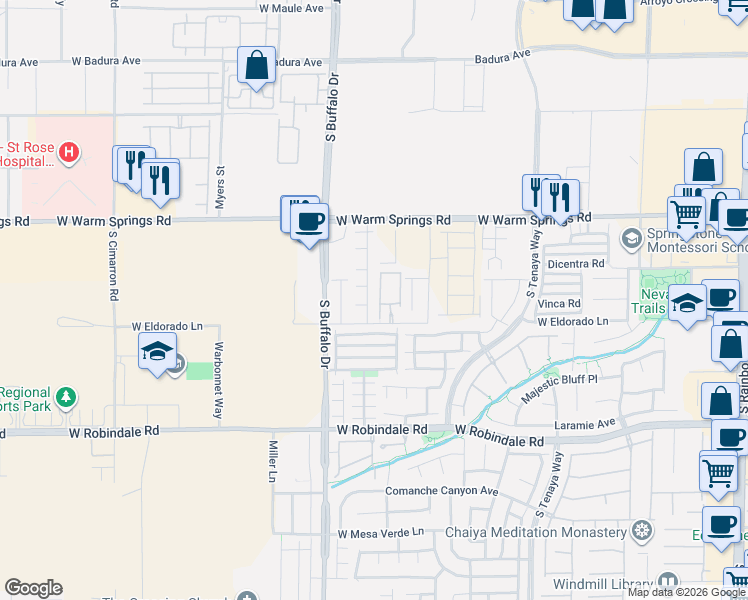 map of restaurants, bars, coffee shops, grocery stores, and more near 7660 West Eldorado Lane in Las Vegas