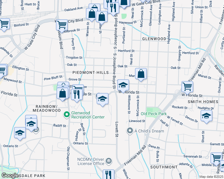 map of restaurants, bars, coffee shops, grocery stores, and more near 1503 Elwood Avenue in Greensboro