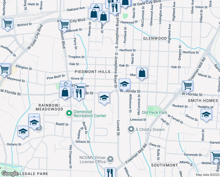 map of restaurants, bars, coffee shops, grocery stores, and more near in Greensboro