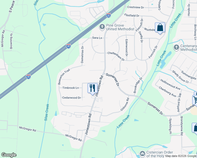 map of restaurants, bars, coffee shops, grocery stores, and more near 1316 Jonestown Road in Winston-Salem