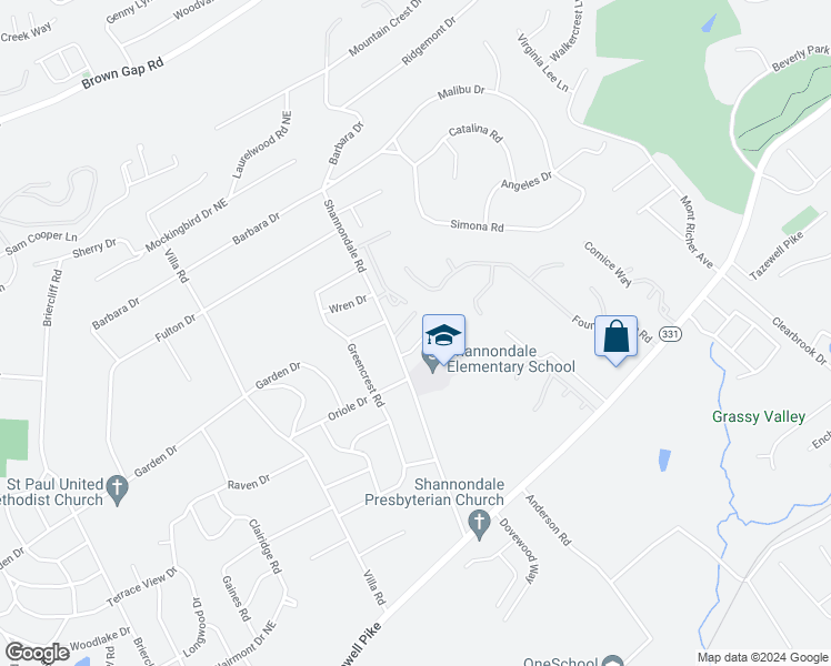 map of restaurants, bars, coffee shops, grocery stores, and more near 5408 Shannondale Road in Knoxville