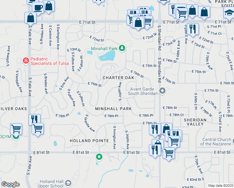 map of restaurants, bars, coffee shops, grocery stores, and more near 5828 East 77th Street in Tulsa