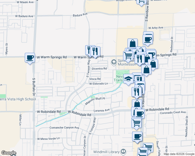 map of restaurants, bars, coffee shops, grocery stores, and more near 7268 Vinca Road in Las Vegas