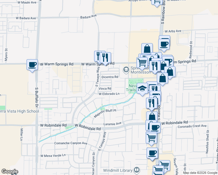 map of restaurants, bars, coffee shops, grocery stores, and more near 7260 Vinca Road in Las Vegas
