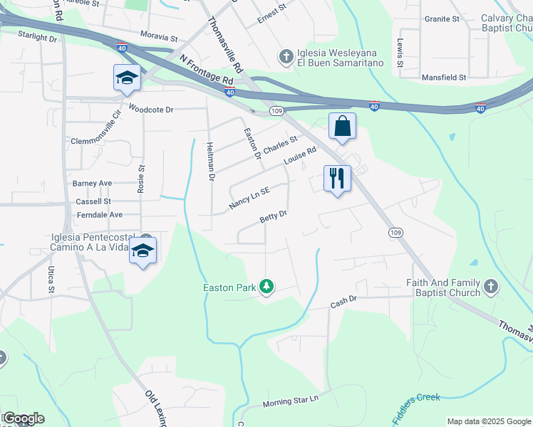 map of restaurants, bars, coffee shops, grocery stores, and more near 1033 Betty Drive in Winston-Salem