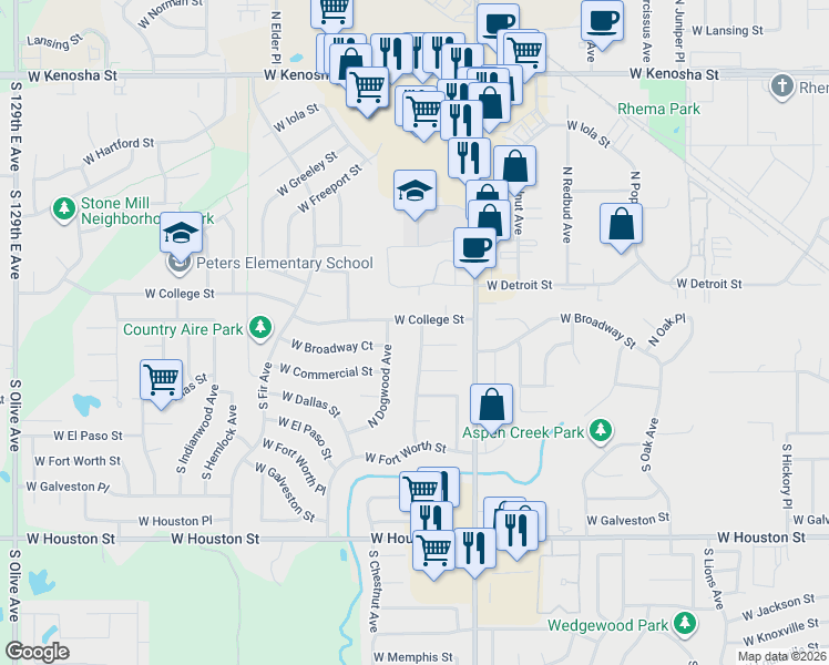map of restaurants, bars, coffee shops, grocery stores, and more near 2316 West Broadway Court in Broken Arrow