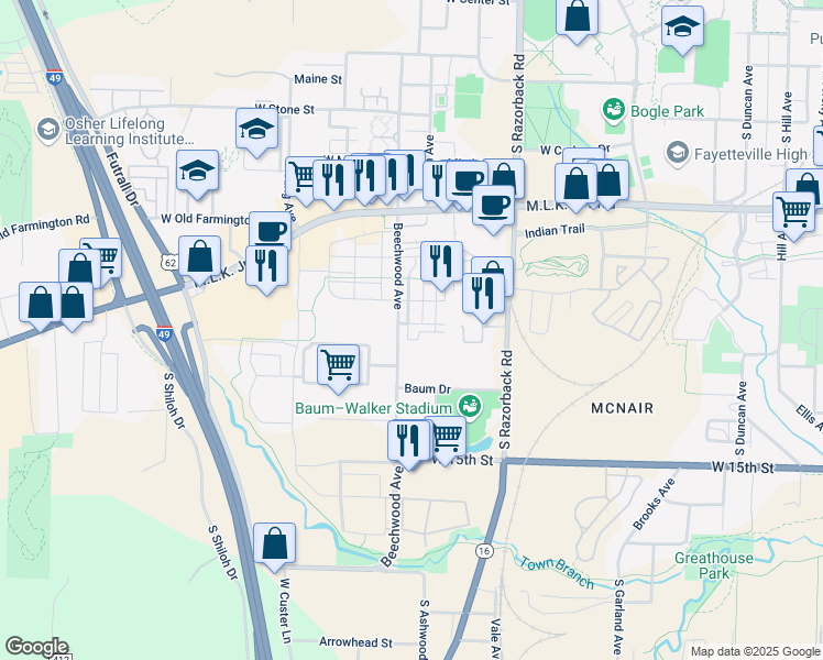 map of restaurants, bars, coffee shops, grocery stores, and more near 1072 South Serendipity Drive in Fayetteville