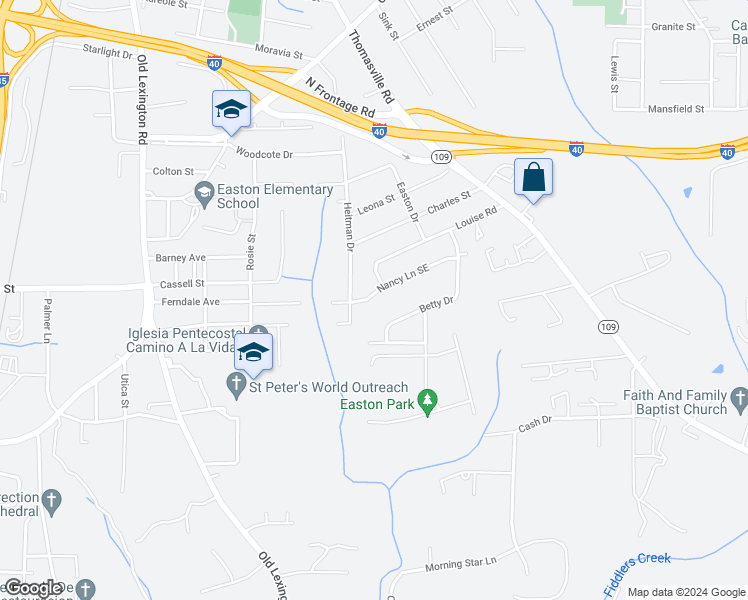 map of restaurants, bars, coffee shops, grocery stores, and more near 1008 Nancy Lane Southeast in Winston-Salem