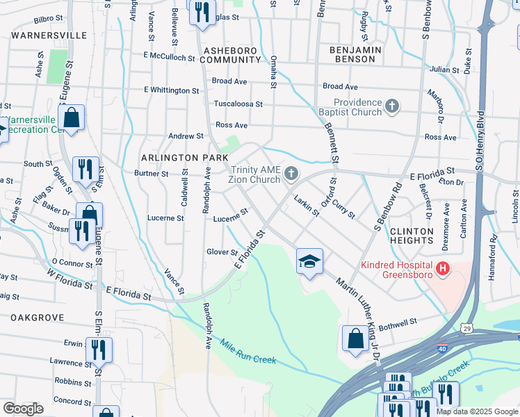 map of restaurants, bars, coffee shops, grocery stores, and more near 1603 Martin Luther King Junior Drive in Greensboro