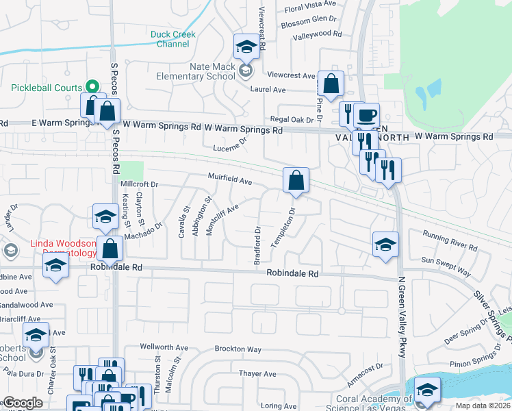 map of restaurants, bars, coffee shops, grocery stores, and more near 363 Bradford Drive in Henderson