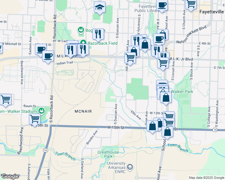 map of restaurants, bars, coffee shops, grocery stores, and more near 87 South Bacardi Avenue in Fayetteville