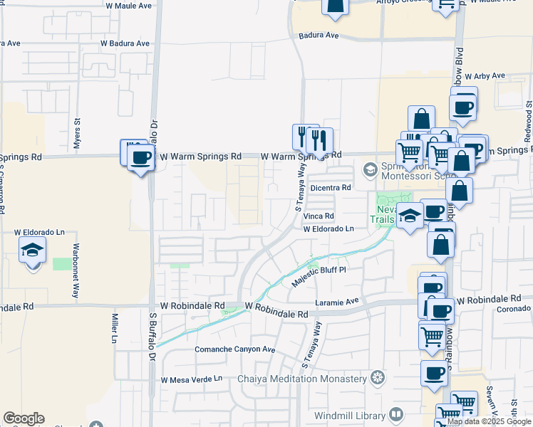 map of restaurants, bars, coffee shops, grocery stores, and more near 7459 Aardvark Walks Street in Las Vegas