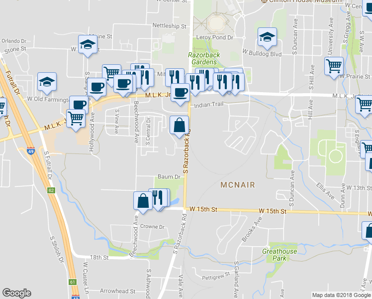 map of restaurants, bars, coffee shops, grocery stores, and more near 1075 South Razorback Road in Fayetteville