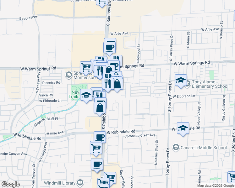 map of restaurants, bars, coffee shops, grocery stores, and more near 7490 South Rainbow Boulevard in Las Vegas