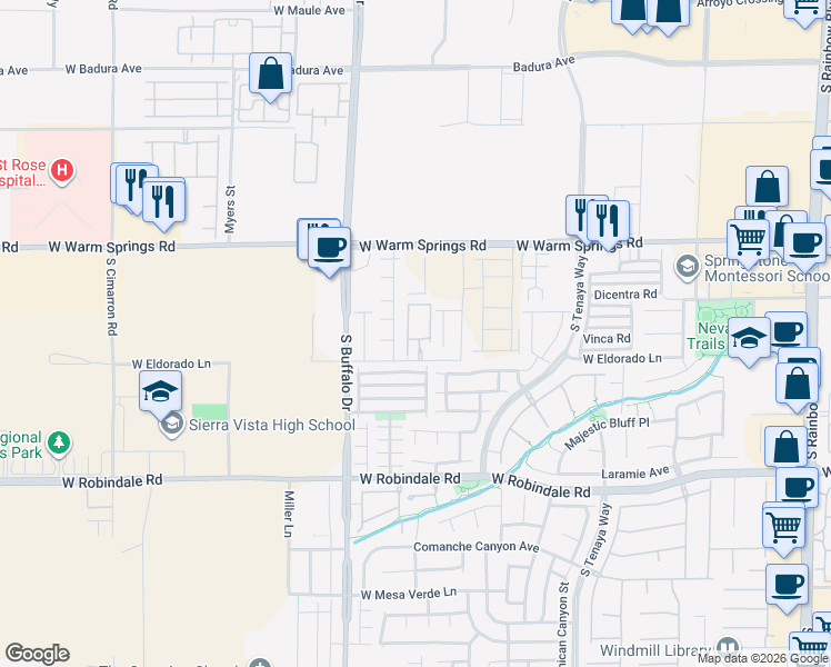 map of restaurants, bars, coffee shops, grocery stores, and more near 7660 West Eldorado Lane in Las Vegas
