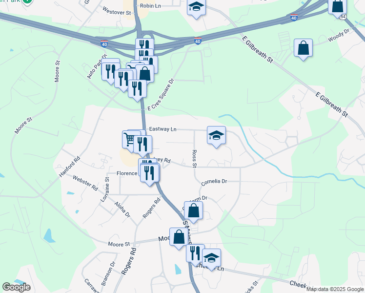 map of restaurants, bars, coffee shops, grocery stores, and more near 133 Montree Lane in Graham