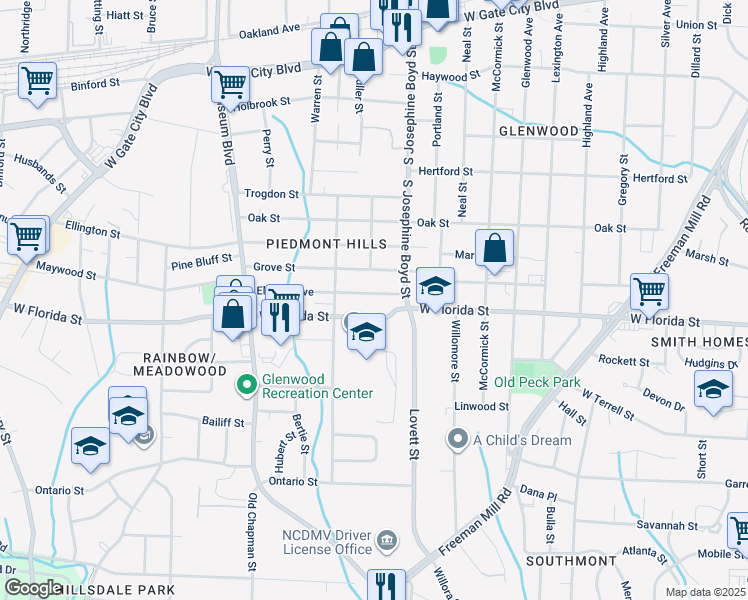 map of restaurants, bars, coffee shops, grocery stores, and more near 1519 Elwood Ave in Greensboro