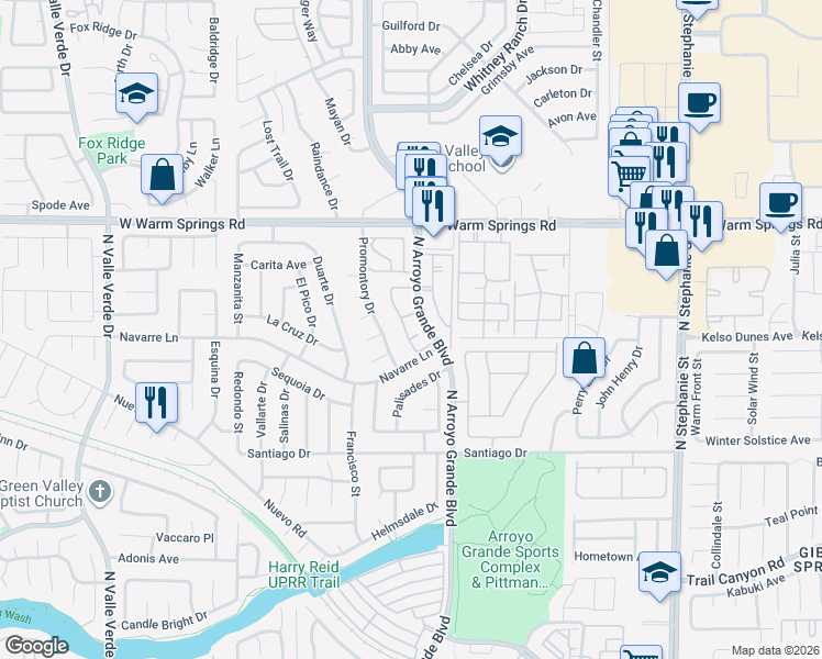 map of restaurants, bars, coffee shops, grocery stores, and more near 340 Seine Way in Henderson