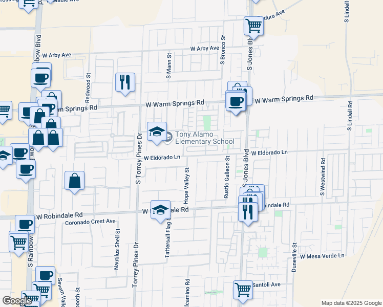 map of restaurants, bars, coffee shops, grocery stores, and more near 6311 West Eldorado Lane in Las Vegas