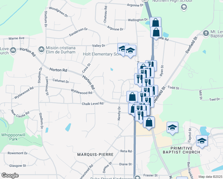 map of restaurants, bars, coffee shops, grocery stores, and more near 36 Stonewall Way in Durham