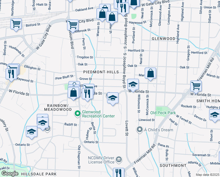map of restaurants, bars, coffee shops, grocery stores, and more near 1607 Elwood Avenue in Greensboro