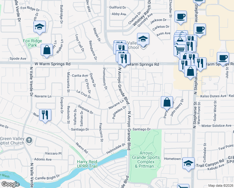 map of restaurants, bars, coffee shops, grocery stores, and more near 340 Seine Way in Henderson