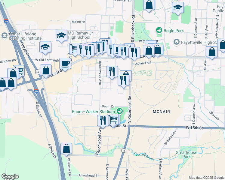 map of restaurants, bars, coffee shops, grocery stores, and more near 1577 West Beech Place in Fayetteville