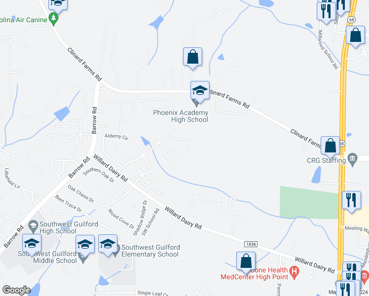 map of restaurants, bars, coffee shops, grocery stores, and more near 3820 Tonsley Place in High Point