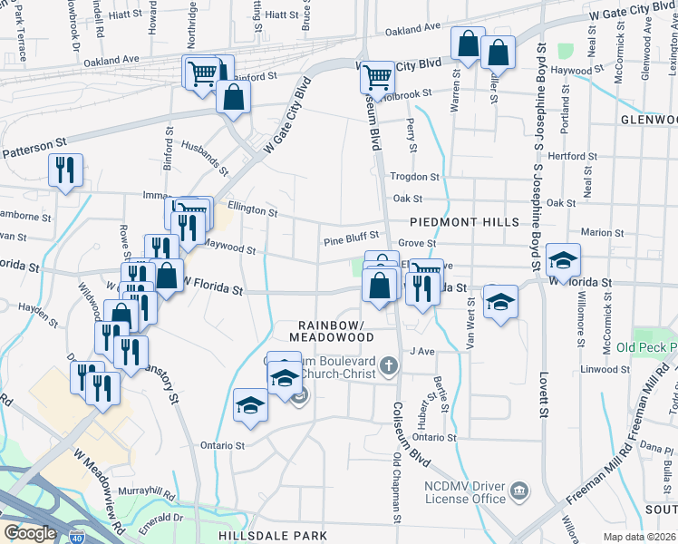 map of restaurants, bars, coffee shops, grocery stores, and more near in Greensboro