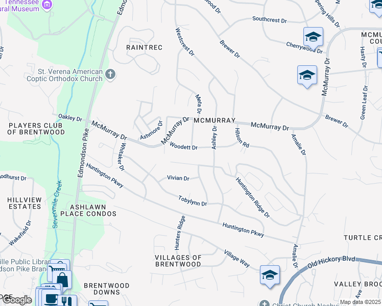 map of restaurants, bars, coffee shops, grocery stores, and more near 632 Huntington Ridge Drive in Nashville