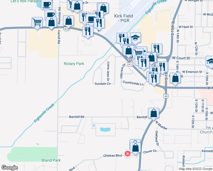 map of restaurants, bars, coffee shops, grocery stores, and more near 36-40 Sundale Street in Paragould