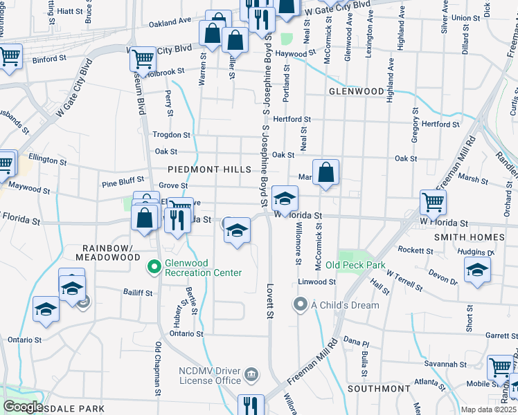 map of restaurants, bars, coffee shops, grocery stores, and more near 1503 Elwood Avenue in Greensboro