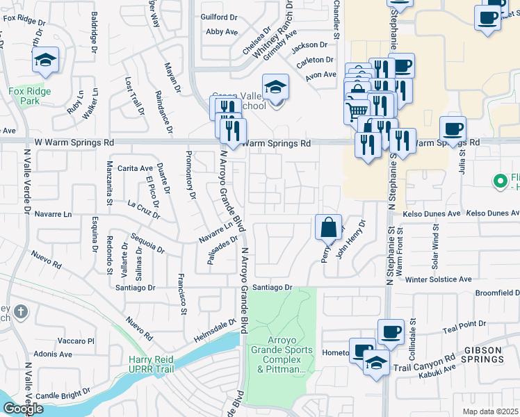 map of restaurants, bars, coffee shops, grocery stores, and more near 1575 West Warm Springs Road in Henderson