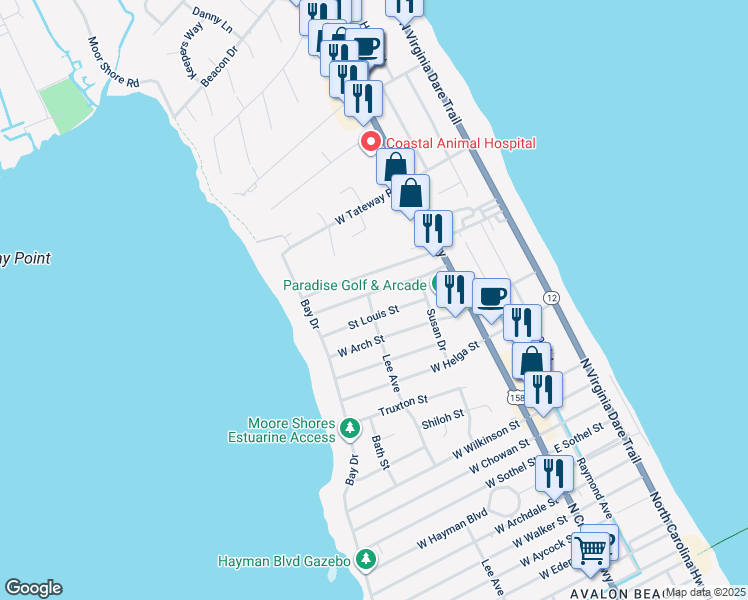map of restaurants, bars, coffee shops, grocery stores, and more near 319 West Cameron Street in Kill Devil Hills