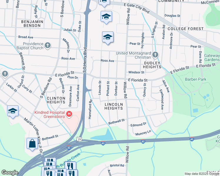 map of restaurants, bars, coffee shops, grocery stores, and more near 1613 Pichard Street in Greensboro