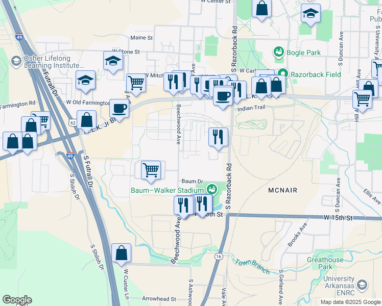 map of restaurants, bars, coffee shops, grocery stores, and more near 1627 West Beech Place in Fayetteville