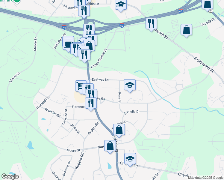 map of restaurants, bars, coffee shops, grocery stores, and more near 133 Montree Lane in Graham