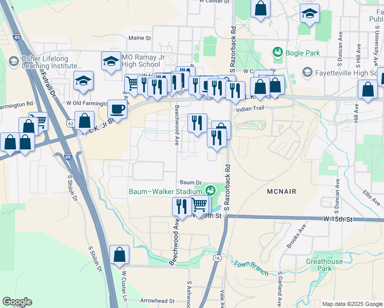map of restaurants, bars, coffee shops, grocery stores, and more near 1611 West Beech Place in Fayetteville