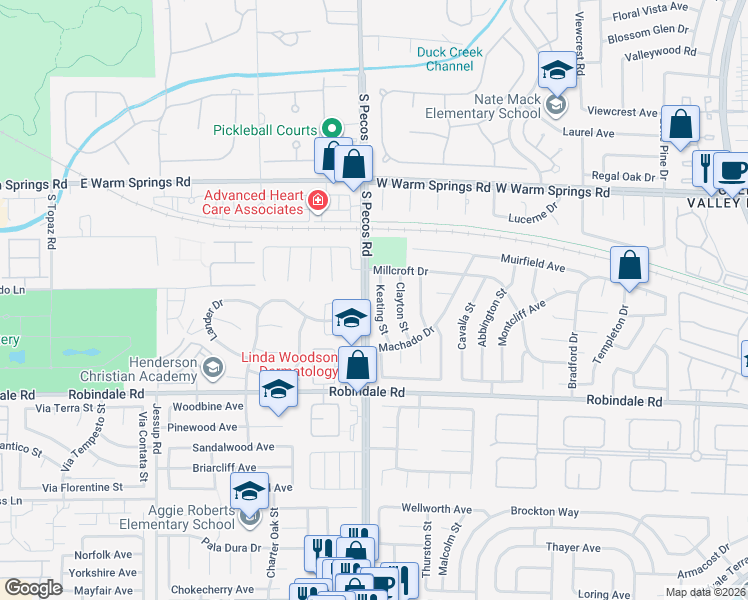 map of restaurants, bars, coffee shops, grocery stores, and more near 355 Keating Street in Henderson