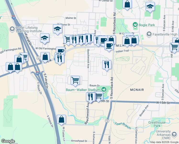 map of restaurants, bars, coffee shops, grocery stores, and more near 1689 West Beech Place in Fayetteville